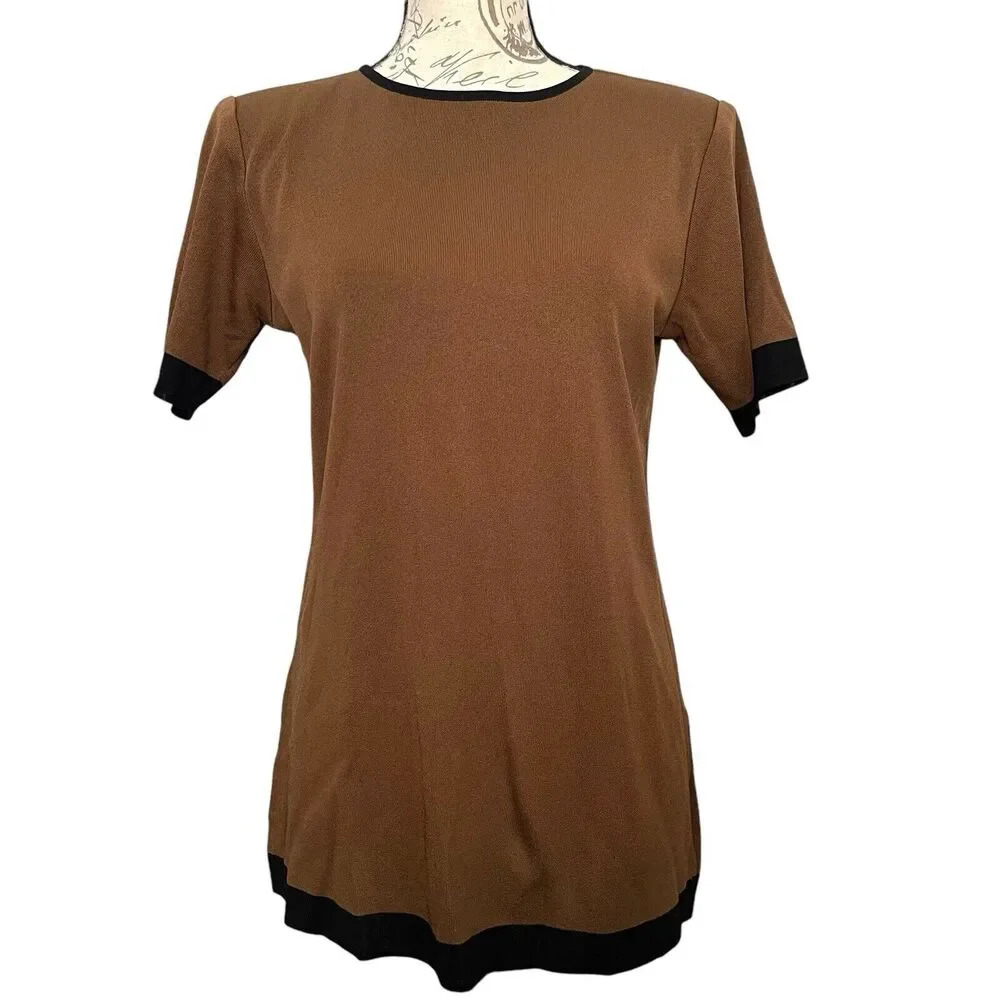 Misook Womens Tunic XS Brown Black Trim Knit Office Minimalist Classic Timeless